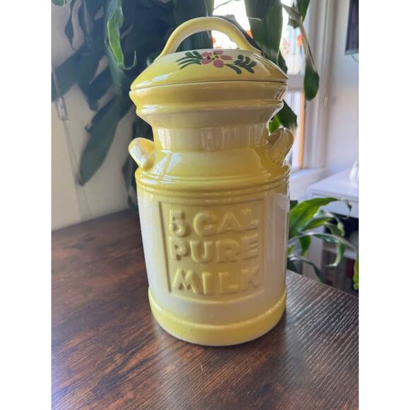Vintage 1970s Country Yellow Hand-Painted "5 Gallon Pure Milk" Ceramic Canister - Picture 2 of 10